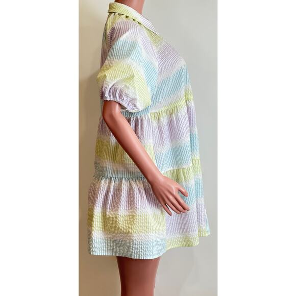 Saylor Tressie Mini Shirt Dress Womens M Seersucker Puff Sleeve Pastel Stripe - Picture 4 of 13